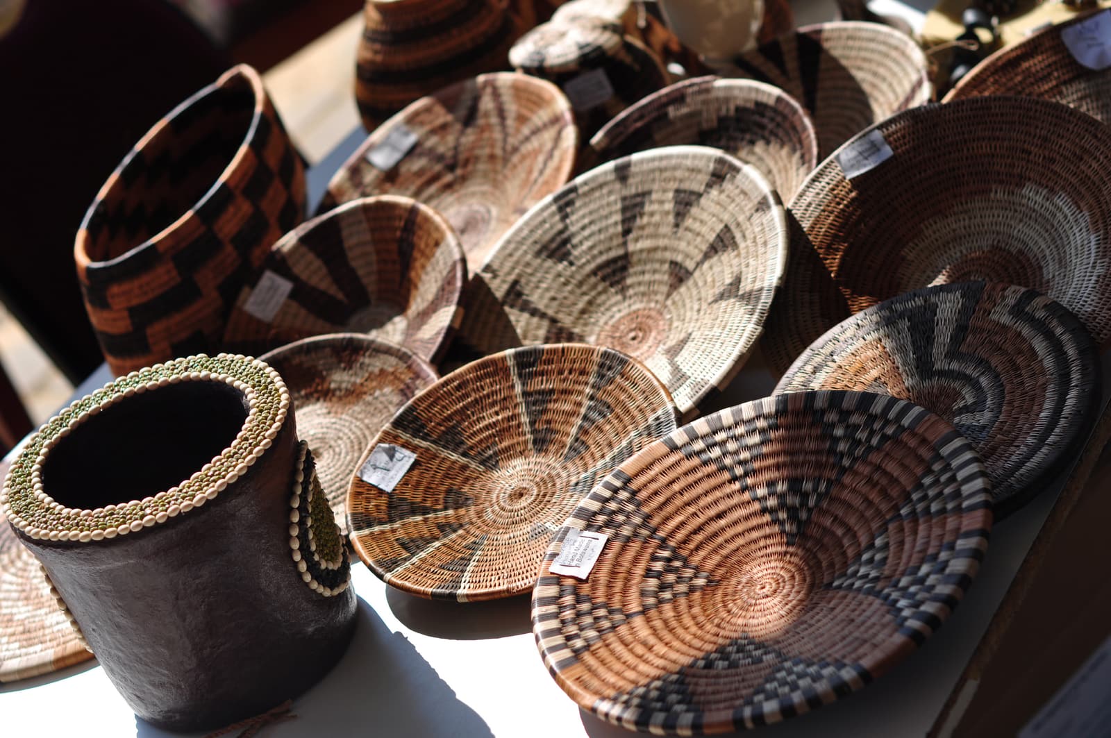 Hand-woven Botswana baskets with traditional patterns