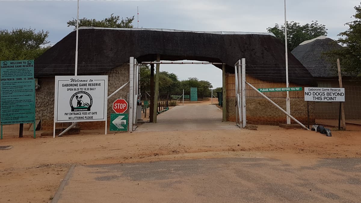 The thatched entrance gate of the Gaborone Game Reserve