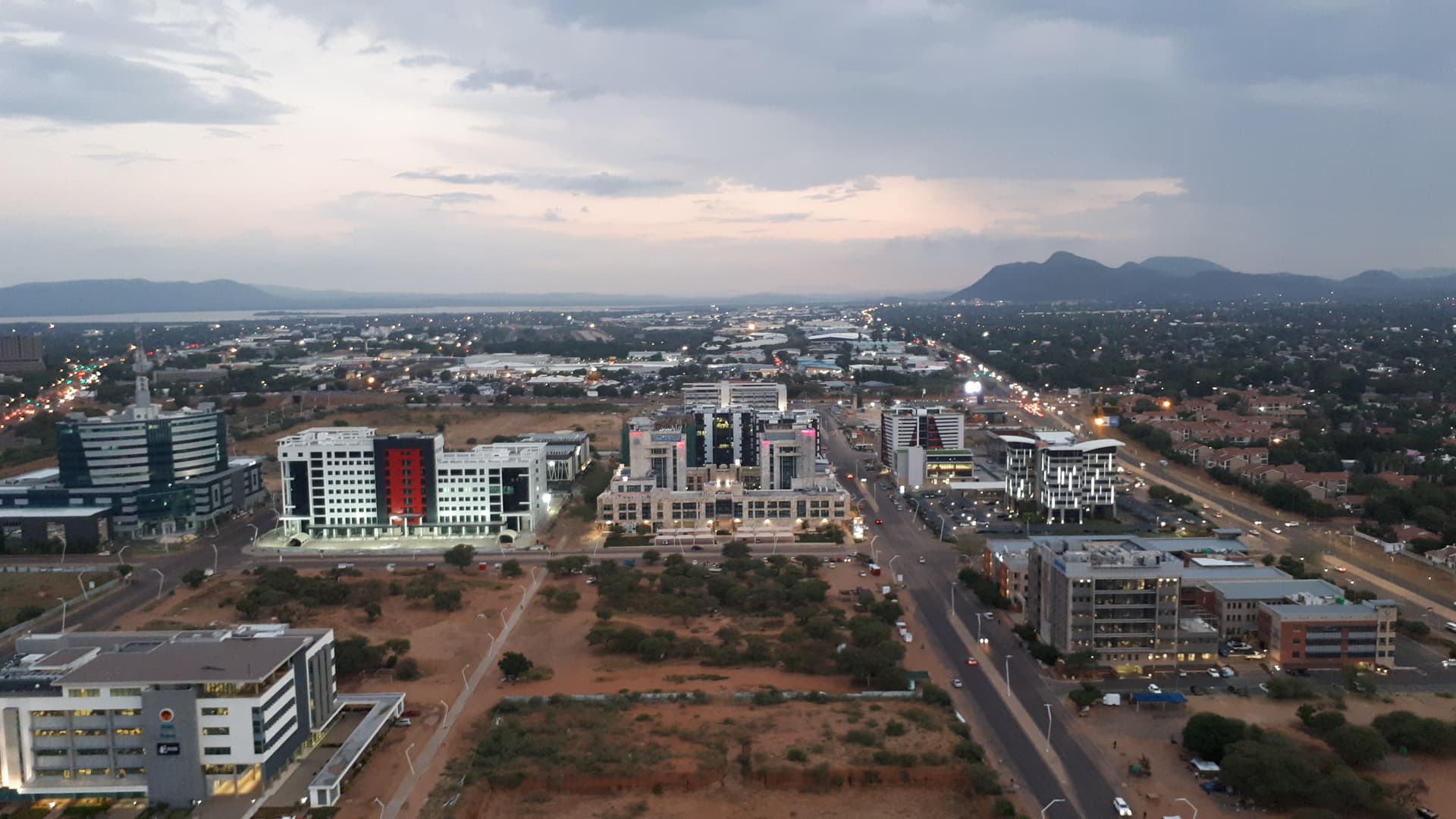 Aerial view of the Central Business District of Gaborone with Kgale Hill on the horizon