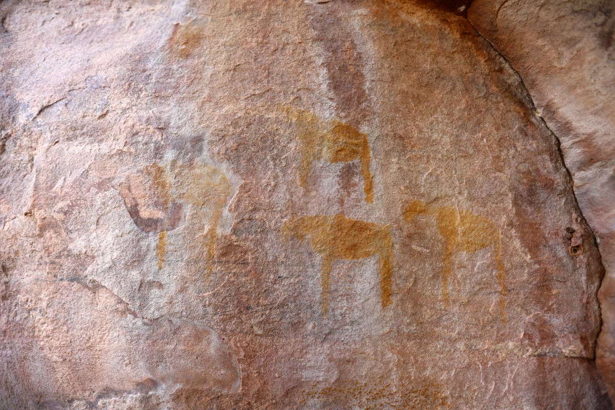 Ochre rock paintings of a giraffe and antelope at Manyana