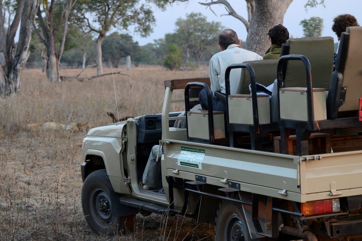 An open safari vehicle on a sandy track in the bush