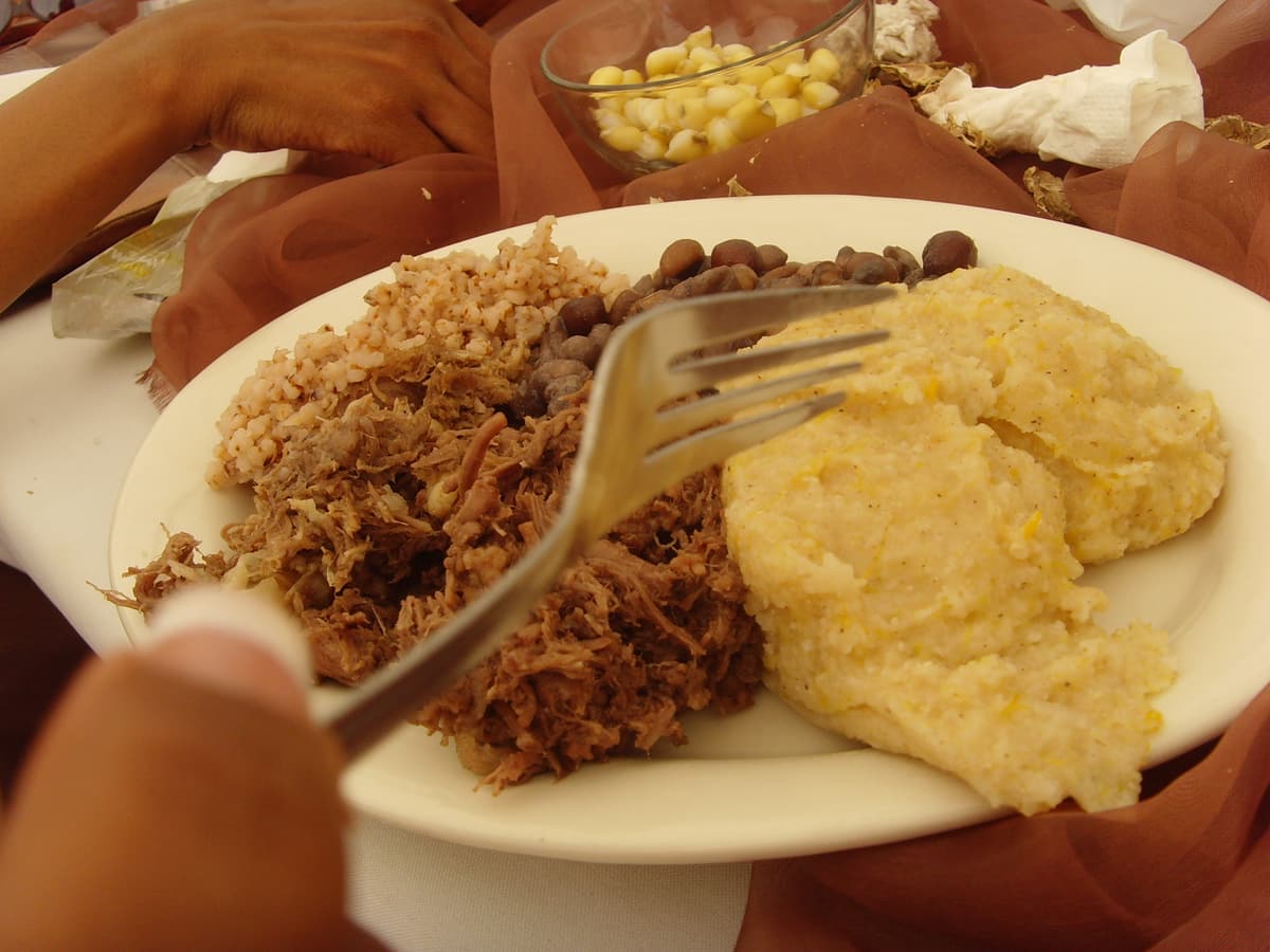 A plate of seswaa, pounded beef, with maize meal
